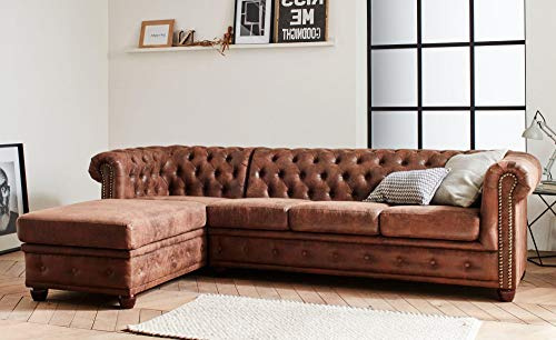 Lisa Design - Canapé Chesterfield d'angle Gauche - Winston en Microfibre - Sofa Marron 4 Places - Salon Industriel/Vintage/Rétro