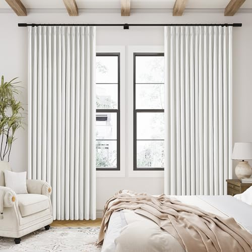TWODRAPES 90 Inch Linen Blackout Curtains Pinch Pleated for Living Room Thermal Noise Reduction Two Layer 100% Black Out Curtains with Liner Back Tab Pinch Pleat Rings Hooks Window Drapes Track Ivory
