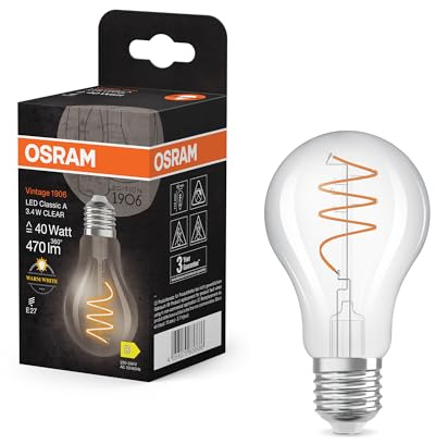 Osram Vintage 1906 Classic ist eine warmweiße LED-Lampe mit spiralförmigem Filament in klassischer Kolbenform. Sie bietet 3.4 W für 470 lm, E27 Fassung, klarfarbenes Glas, 60 mm Durchmesser, 2700 K.