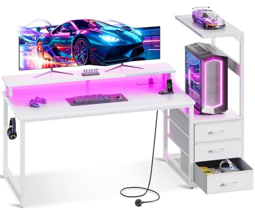Coleshome 150×50 cm Gaming Desk with LED Lights & Power Outlet, Reversible Computer Desk with Drawers, Gaming Table with Storage & Monitor Stand, Carbon Fiber White