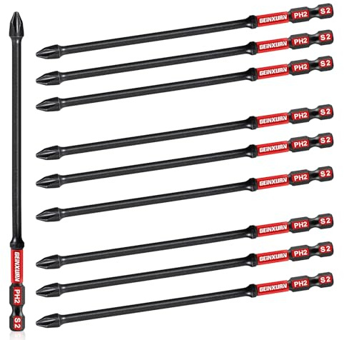 GEINXURN 10 Pièces Cruciforme Phillipes Embouts de Vissage aux Chocs PH2 150mm, Jeu d'embouts Magnétique pour Visseuse Tournevis Tige Hexagonale 1/4 S2 en Acier Allié