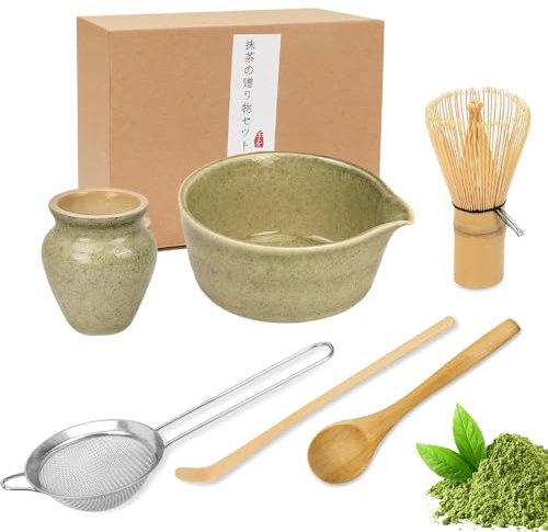 YANGUN 6Pcs Matcha Whisk Set, Matcha Tea Set with Bamboo Whisk, Ceramic Bowl, Scoop & Holder, Complete Matcha Making Kit, Reusable Matcha MakingKit for Traditional Japanese Tea Ceremony(Green)