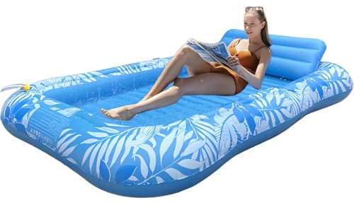 Balakaka Galleggianti da Piscina per Adulti 208×130 cm, Spray Design, Tanning Pool Sdraio Gonfiabile con Portabevande, Grande Materassino Gonfiabile Mare per Partito Spiaggia, Blu foglia d'acero