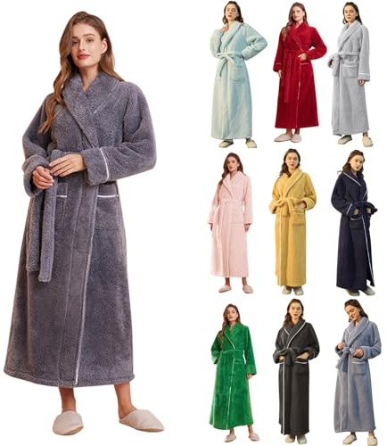 Robe de chambre pour femmes longue et chaude, peignoir pour hommes en coton sans capuche, kimono élégant à manches longues, peignoirs en peluche avec poches pour la maison, peignoir douillet pour