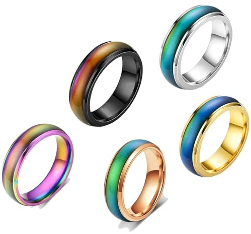 Yeesabella 5PCS Rotatable Mood Control Rings,Stainless Steel Fashion Color Changing Mood Ring for Kids Boys Women