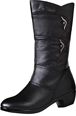 Generisch Bottes pour femmes avec mollet large, bottes en cuir pour femme taille mi-mollet, couleur unie à talon bloc Bottes à fermeture éclair à talon bas Chaussures rondes d'extérieur, Noir , 40 EU