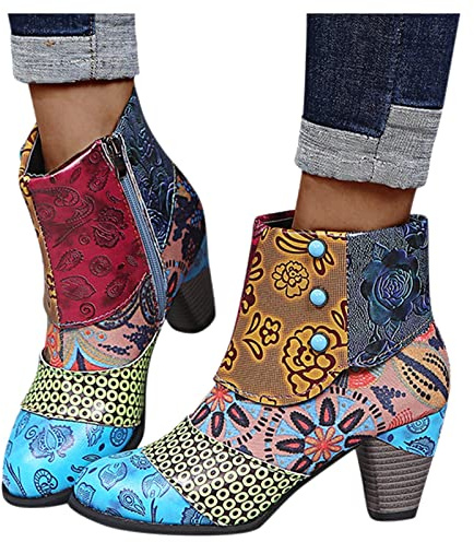 Zapatos gruesos con cremallera de tacón alto Botas de moda cortas botas transpirables de las señoras altas retro botines, multicolor, 42 EU