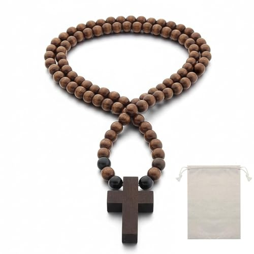 Collar de rosario de madera, cruz de madera con rosario católico, cuentas de rosario de madera en bolsa de lino natural, mini cruz para oración, meditación, regalos religiosos cristianos o