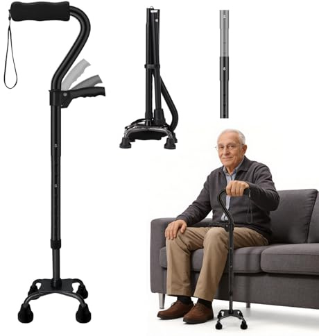 Bastón Plegable con Base de 4 Púas y Doble Empuñadura - Ayuda para Caminar Regulable y Ligera para Mujer/Hombre - Bastón Quad Estable para Personas Mayores y Adultos - Empuñadura Suave Ergonomica