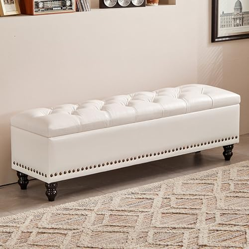 Upholstered Rest Benches for entryway Oil-Waxed Leather, Bedroom end of Bed Shoe Changing Bench Large-Capacity Storage, Solid Wood Frame,Gourd-Shaped Legs(White,150cm/59in)