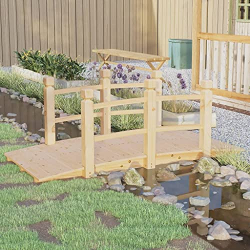 Runheo Pont de jardin en épicéa massif avec balustrade, 150 x 67 x 56 cm, pont en bois stable pour jardin, étang, terrasse, ruisseau, décoration extérieure, pont sûr avec main courante et marchepied