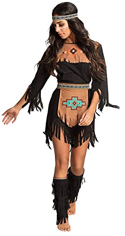 Boland - Kostüm für Erwachsene Indianerin, Braun und Schwarz mit bunten Mustern, Kostümset bestehend aus: Stirnband, Kleid, Gürtel, Stulpen, ideal für Karneval oder Mottoparty