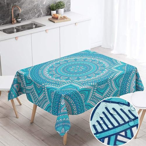Morbuy Tischdecke Abwaschbar für Speisetisch, Wasserabweisend Abwischbar Lotuseffekt Quadrat Küchentischabdeckung Böhmen Drucken Tischtuch Pflegeleicht (140x180cm,Dunkles Türkis)