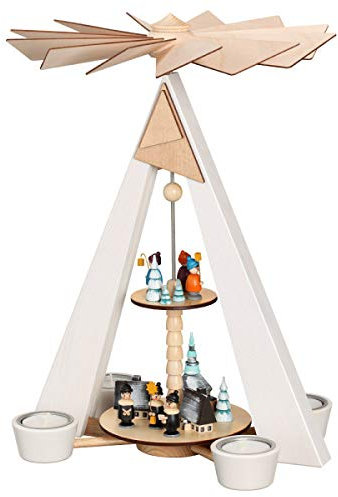 Rudolphs Skattkista, värmeljuspyramid, vit (2 pinnar) vinterby med kurrer och lyktbarn B x H x D 27 x 38 x 22 cm, ny julpyramid, träpyramid, bordspyramid