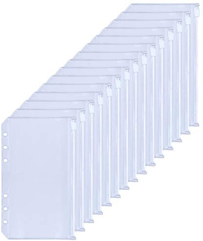 HAUTOCO 15Pcs A6 Zipper Budget Binder Pockets, 6-Hole Plastic Binder Zipper Folders, Loose Leaf Bags for A6 Budget Binder Cash Envelopes Documents Bills Money Organiser Money Saving Wallet