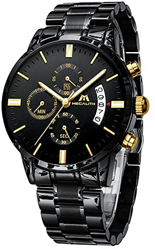 MEGALITH Uhren Herren Schwarz Edelstahl: Chronographen Armbanduhr Herren Wasserdicht - Herrenuhr Groß Ziffernblatt Leuchtende Datum
