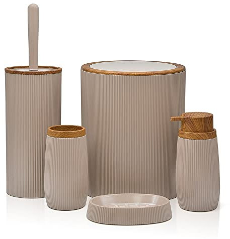 Inbagno Set Bagno Accessori Completo - 5 Pezzi, in plastica Liscia con Dettagli Effetto Legno Serie Blob, Include Dispenser Sapone, portasaponetta, portaspazzolino, portascopino e pattumiera
