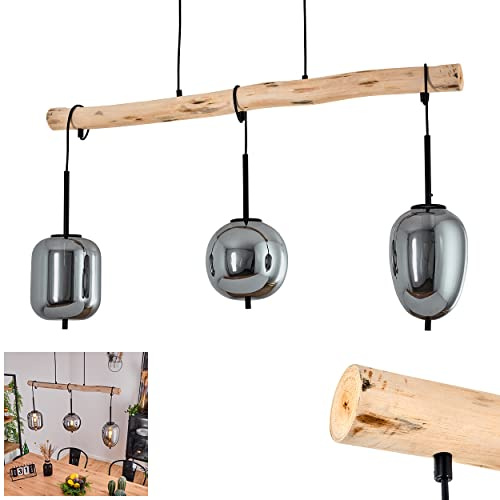 Hänglampa Verbania, 3-lampig hänglampa av metall/trä/glas i svart/natur/rökfärg, vintage/retro-design med trästång och justerbara skärmar, höjd max. 151 cm, E14, utan glödlampor
