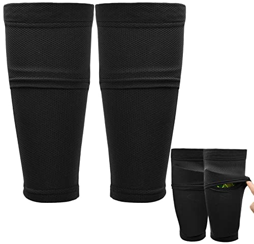 Xzeemo Protège-Tibia Chaussettes Avec Bande Antidérapante, Noir, Pour Enfants et Adultes - Manchons de Compression du Mollet Avec Poches - Équipement de Football