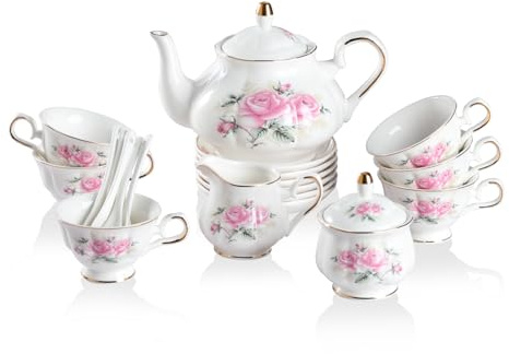 Sweejar Home Set da tè in porcellana, 21 pezzi, motivo floreale vintage, servizio da tè per adulti, con teiera, zuccheriera, brocca e cucchiai, per tè e caffè, adatto per feste (fiori rosa)