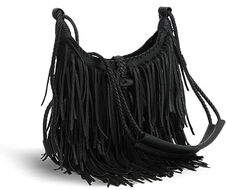 Emprier Sacs hobo vintage à franges pour femme - En daim synthétique - Avec pompons - Sac à bandoulière à franges, noir, 24cm x 19cm x 7cm