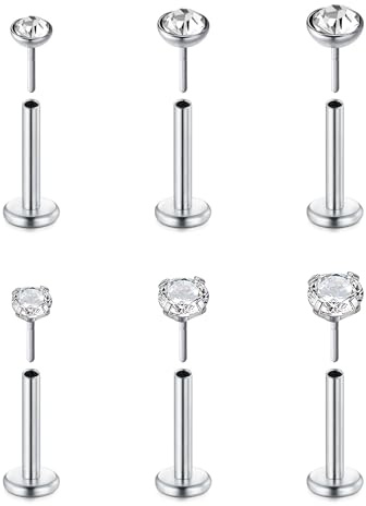 FECTAS 6pcs Threadless Push-in Lip Bars Labret Stud Cartilagine Tragus Helix Piercing Gioielli Flat Back Orecchini in Acciaio Inox 16G 8mm Lip Ear