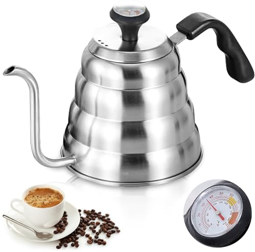 Schwanenhals Wasserkocher: 1200ml / 40oz Edelstahl wasserkessel Kaffeekanne Wasserkocher Schwanenhals mit Thermometer für alle Herdtypen Langlebig, Einfach zu Reinigen
