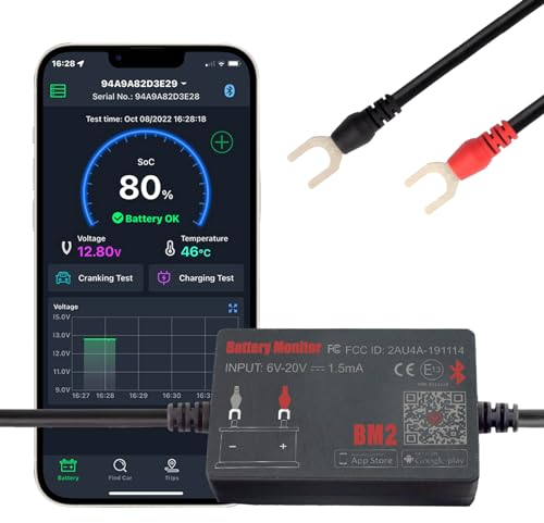 Battery Monitor Bluetooth 4.0 Wireless Battery Tester, Car Charging Start and Alarm System Monitor Digital Battery Analyzer Suitable for 12V Solar Systems Motorcycles Boats Cars