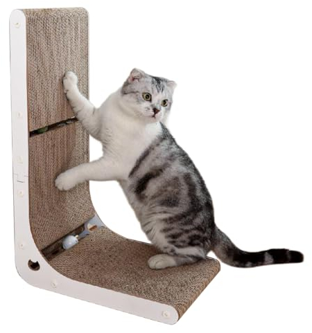 Heikoeco® Kratzbretter Katze, Super Stabil Katzenspielzeug, 26x39x60cm Kratzpappe mit Ballspielzeug, Langlebige L-förmige Katzen Kratzbrett Wand