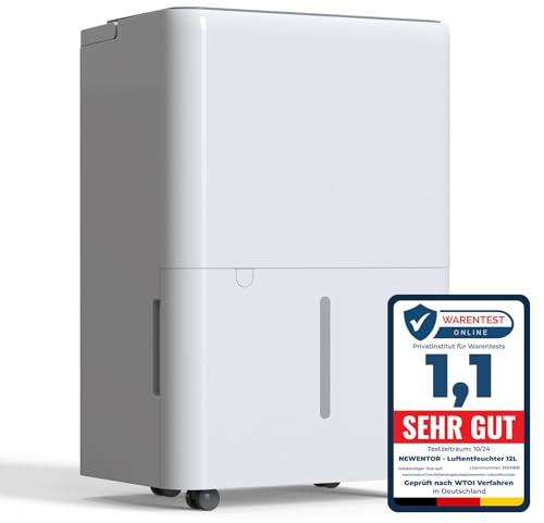 Newentor luftavfuktare elektrisk 12 l/dag, avfuktare elektrisk källare 122 m³/25 m², avfuktare elektrisk tyst 35 dB, med 10 J. Gar., avloppsslang, avtagbart filter, timer