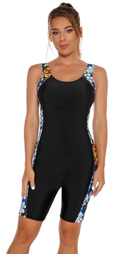 Odizli Maillot de bain pour femme avec jambes - Sans manches - Push Up - Sport - Néoprène - Avec bonnets, noir/bleu, L