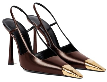 THESHY Womens Slingback High Heels Metal Pointed Toe Leather High Stiletto Heel Pumps Slip on Elastic Strap Fashion Dress Shoes for Women, Coffee, 5 UK