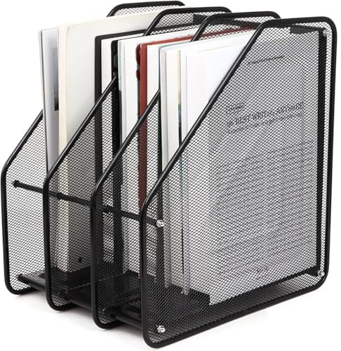 TECHZOCO Organizador de Documentos, Revistero metálico oficina, Soporte para revistas y archivos escritorio, 28,5 cm de largo, 31,5 cm de alto y 23,5 cm de ancho, 3 Compartimentos, Metalico, Negro