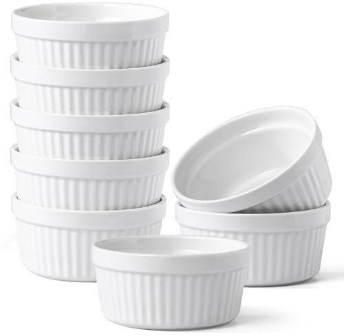 Feenmai Ramekins - Juego de 8 cuencos de cerámica para hornear de 6 onzas para hornear ramequines de crema brulee, aptos para horno, cuencos para salsa, color blanco, 9 cm