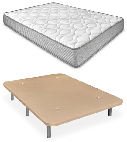 Duérmete Online - Cama Completa con Colchón Marko Reversible + Base Tapizada Extra Reforzada con 6 Patas Cilíndricas Metálicas Roscadas, 90 x 190, Beige