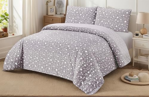 DH DREAMER HOME Colcha Boutis con Diseño Estrellitas + 1 Funda Cojin 50x70 cm - Cubrecama Ligera Fina Entretiempo Extra Suave y Transpirable (Cama 90, 180x260cm)