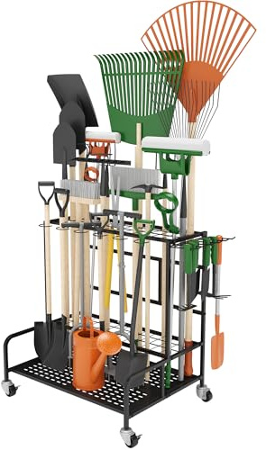 Garden Tool Organizer Rack with Wheels Up to 39 Tools, Heavy-Duty Steel Yard Tool Organizer for Garage Storage with 12 Hooks, Broom Holder & Garden Tool Rack for Shed, Patio, Outdoor Use, Black
