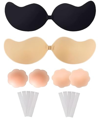 HuaCommerce 2 Pack Sticky Bra Push Up for Women – Strapless Backless Adhesive Bra with Nipple Covers & Tape for Backless Dresses, Weddings & Swimwear(Cup C)