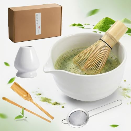 Juego de 6 vasos de té matcha, cuenco de cerámica para matcha con boquilla, juego completo de té matcha para principiantes y entusiastas (blanco)