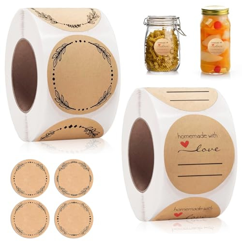 1000 Pezzi Etichette Marmellata Adesive, 5 cm Etichette per Marmellate, Kraft Etichette Adesive, Etichette Adesive Rotonde, Scrivere, per Barattoli Vetro, Prodotti da Forno, Confezione Regalo