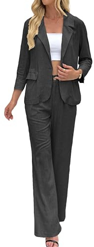 Set di 2 pezzi da donna in lino, con giacche Blazer, set di tailleur, pantaloni a gamba larga, abbigliamento business casual da lavoro, nero, M