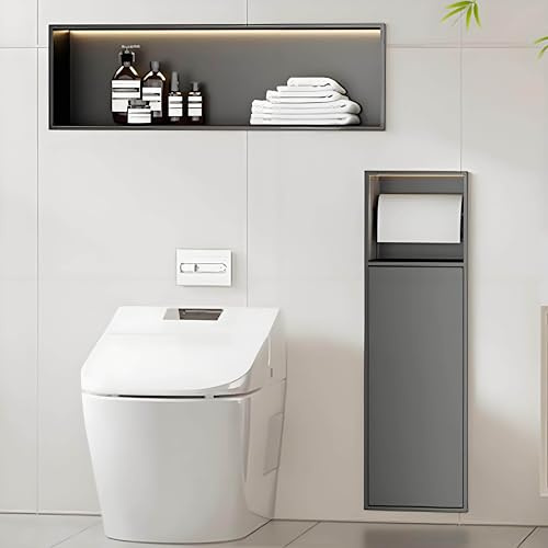 HuanSebesity Mensola da Incasso in Acciaio Inossidabile,Doppio Piano Nicchia per Bagno,Porta Carta Igienica E Porta Scopino Incassati,Impermeabile,per Hotel E Soggiorno GunmetalGray-16x60x12.5cm