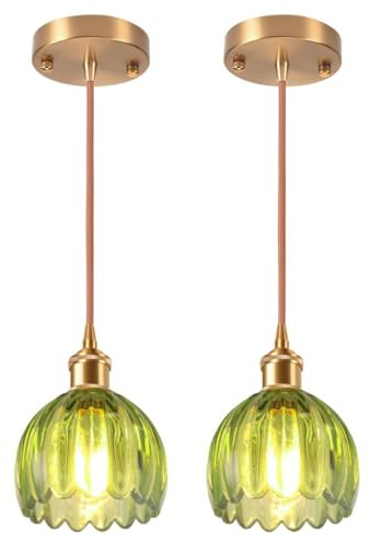 DLGLOLIN Set med 2 grön glashängare vintage mässing guld ljuskrona vardagsrum modern konst deco takbelysning inomhus hängande för matsal sovrum kök