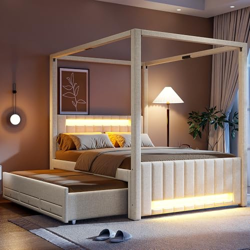 Lcoho Cama con dosel tapizada de 140 x 200 cm con cama nido y tres cajones, iluminación LED beige
