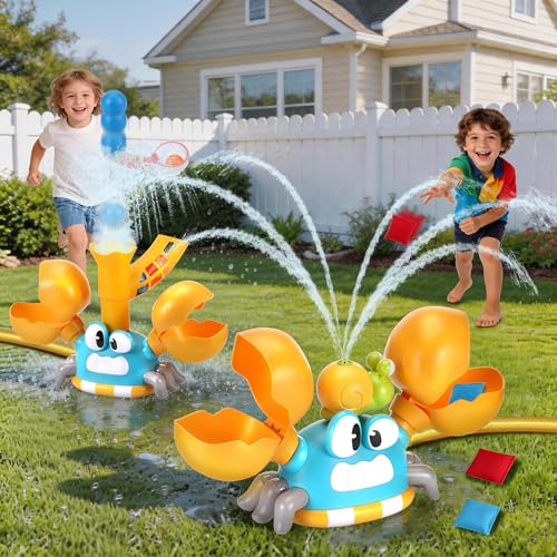 Vattensprinkler för barn, 3-i-1 Krabbenssprinkler med vattenspray, Beanbag-kastspel & Fangball-spel, passar vid trädgårdsslang, Sommar Utomhusleksleksaker för unga flickor från 3-8 år | Beanbag-kast-spel & fångstbollspel, passar till trädgårdsslang, sommar utomhus vattenleksak för pojkar flickor från 3–8 år
