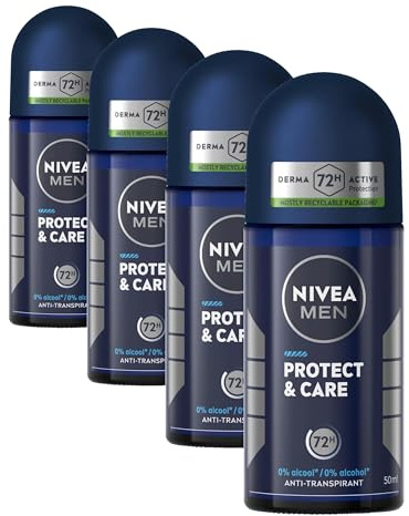 NIVEA MEN - Déodorant Bille Protect & Care - Déodorant Homme 72H Anti-Transpirant Aisselles - Anti-Bactérien - 0% Alcool - Tous Types de Peaux - 50 ml (Lot de 4)