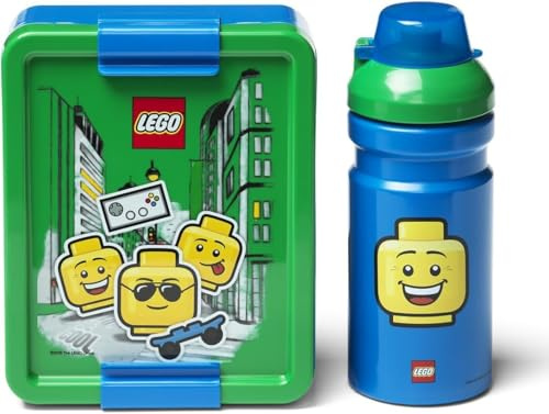 LEGO LUNCH SET - ICONIC BOY, Fun & Functional 390ml Bottle & Lunch Box for Kids & Adults, Dishwasher Safe, Perfect for Meals on the Go, Green & Blue