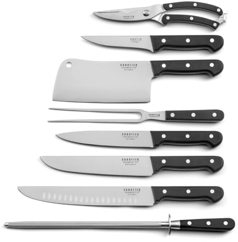SABATIER TROMPETTE - Set 8 couteaux boucher: Désosser, Couteau et fourchette à découper, Boucher, Boucher alvéolé, Couperet, Sécateur, fusil à aiguiser - Universal - Acier MoV manche ABS rivets - Noir
