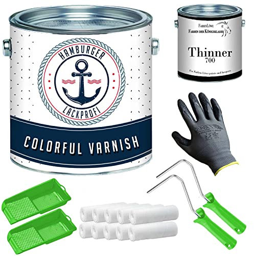 Hamburger Lack-Profi Glossy Coloured Paint for Wood and Metal Teal RAL 6004 Green Metal Paint Wood Paint with Varnish Set (X300) and Thinning 1 Litre