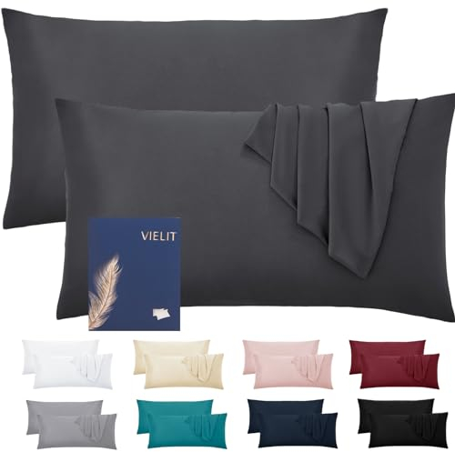 Vielit Premiun Weicher Kissenbezug 40x60 cm 2er Set Kopfkissenbezug 40x60 cm mit Hotelverschluss Oeko-Tex Zertifikat Kissenhülle Anthrazit für Allergiker mit Haargummi